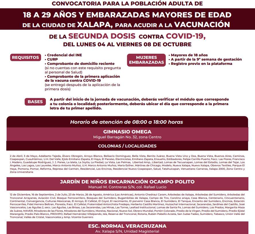 Segunda dosis a población de 18 a 29 años en Xalapa: